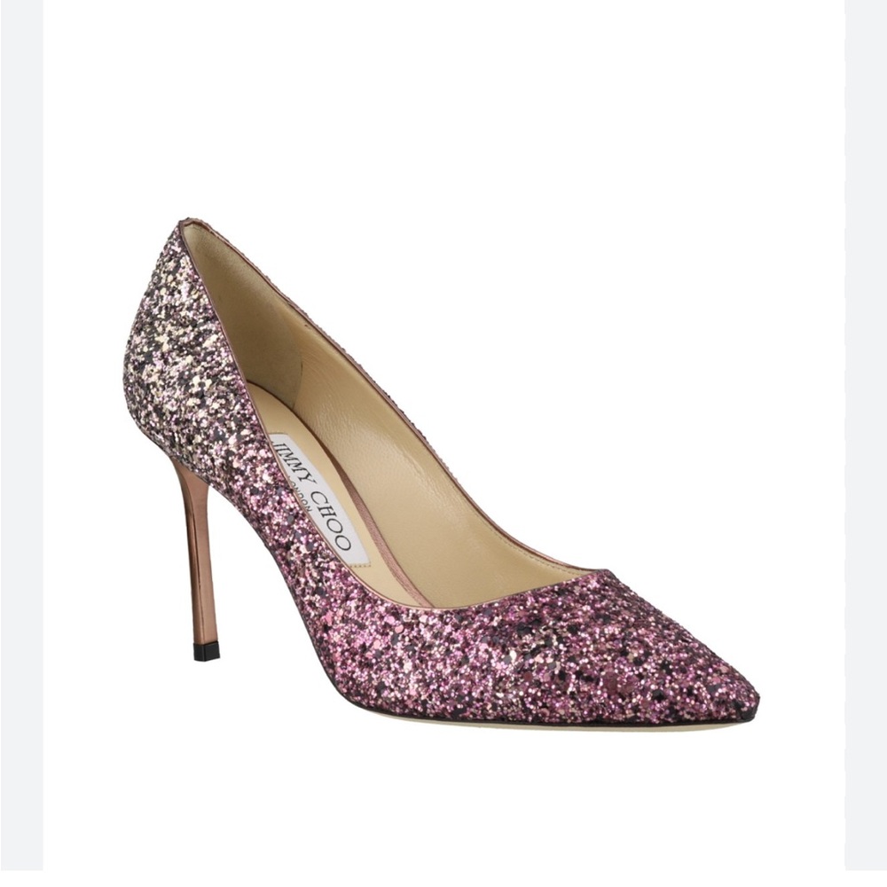Jimmy Choo Romy 100 Pink Gold Glitter Pumps